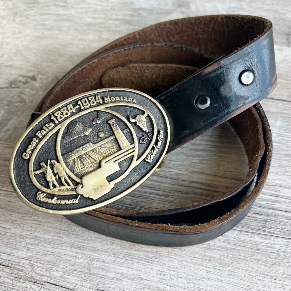 Vintage Solid Brass 80’s Montana Great Falls Belt Buckle & Leather Belt
